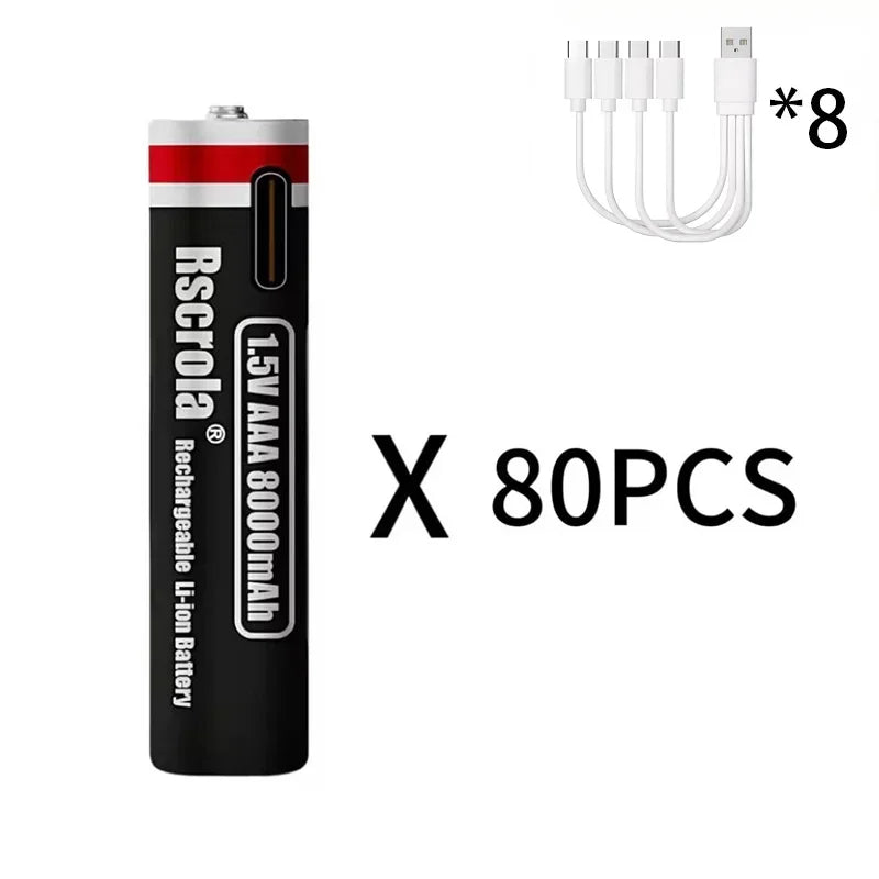 AAA Rechargeable Battery 1.5V 8000mAh Li-ion Batteries with USB Direct Charge Port for Remote Control Toy Mouse Keyboard+Cable Oasis Select 1.5V 80 PCS AAA Batteries