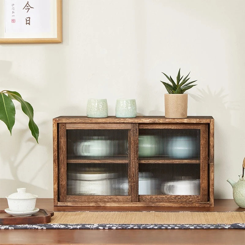 Desktop solid wood storage box, cup storage cabinet, tea set and water cup shelf, glass tableware storage, dust-proof cabinet Oasis Select