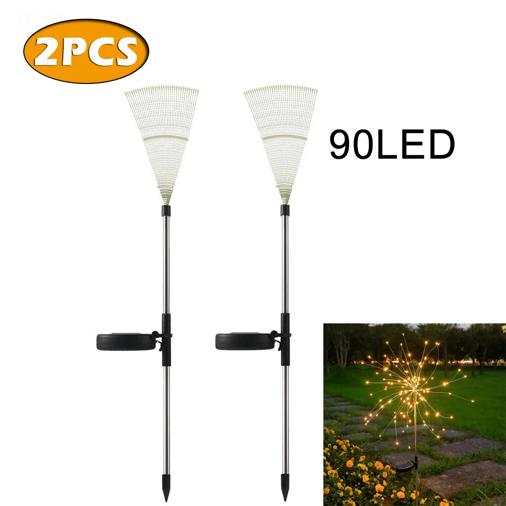 1~4PCS LED Solar Power Firework Lights Garden Decoration Fairy Lamp Waterproof Outdoor Dandelion Lawn Light Patio Garden Decor Oasis Select 90LED 2PCS