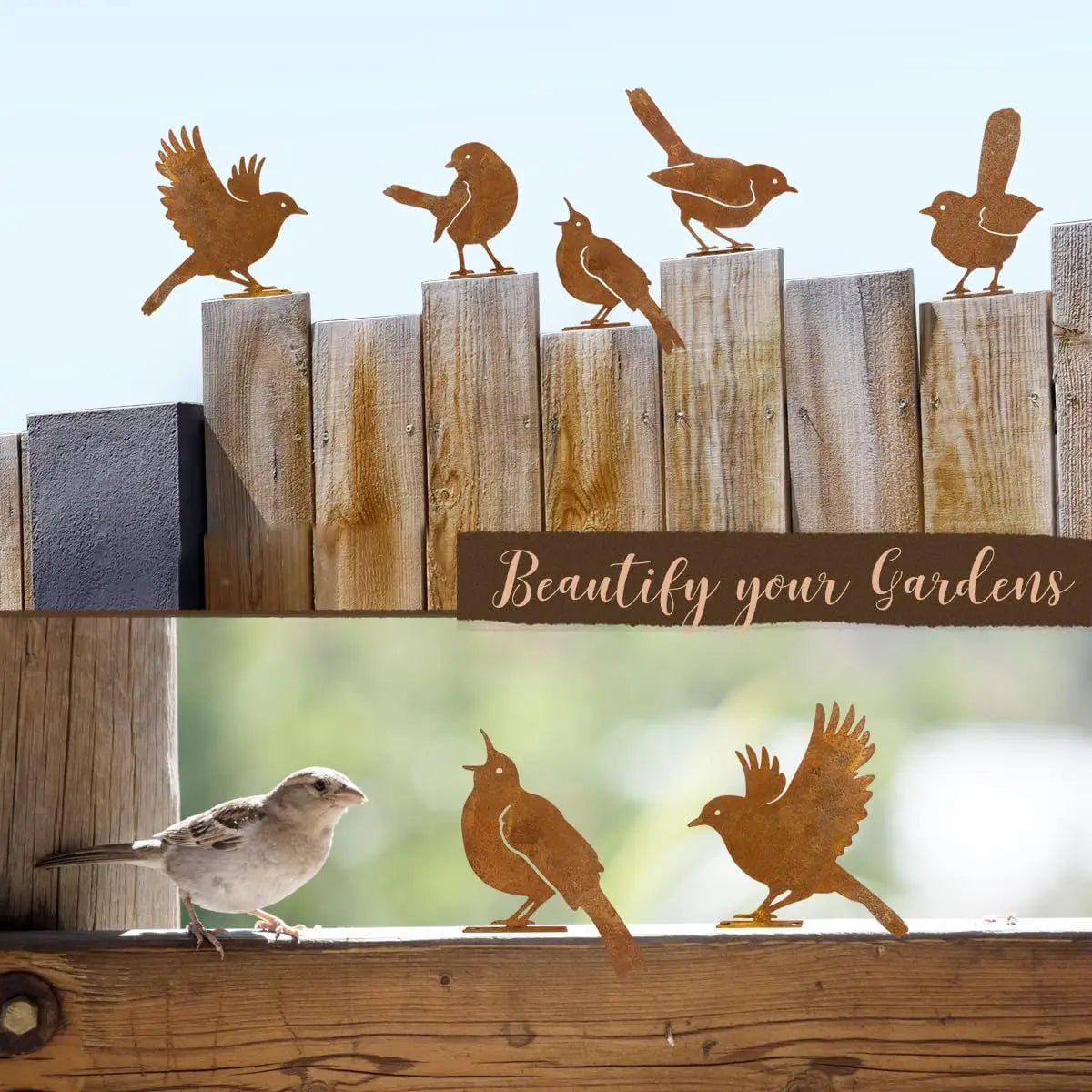 5PCS Metal Bird Wall Decor Rustic Farmhouse Outdoor Yard Art Garden Sculpture Fence Patio Ornament Weathered Steel Set Oasis Select