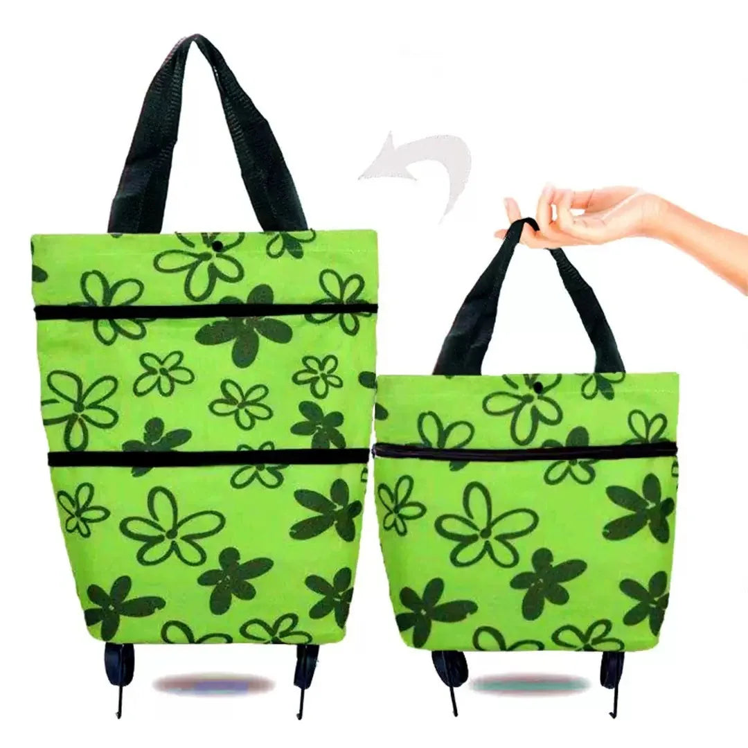 1pc Foldable Handbag, Small Trolley Large Supermarket Shopping Bag, Hand-drawn Grocery Cart Portable Bag Oasis Select Green flowers