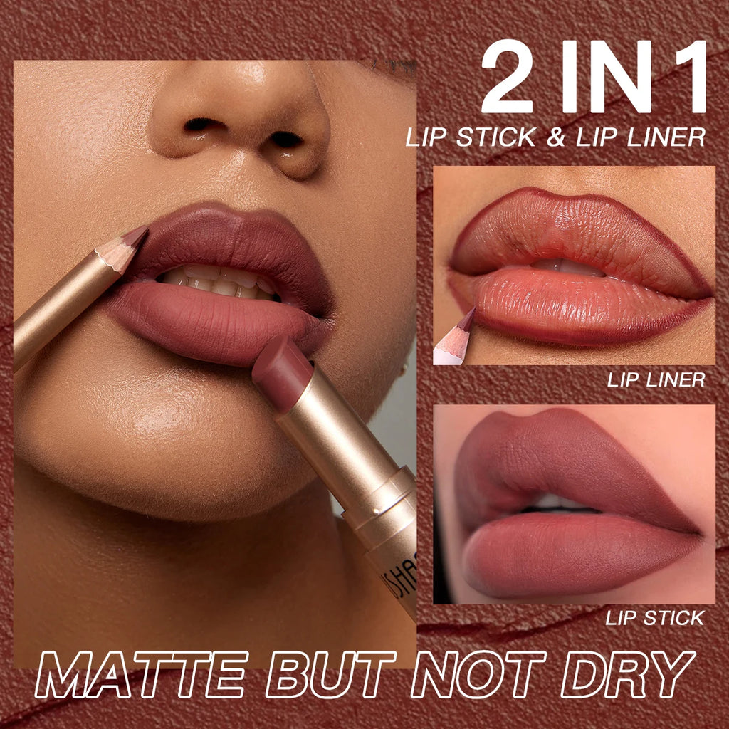 USHAS 12-Color Matte Lipstick & Lip Liner Set – Waterproof