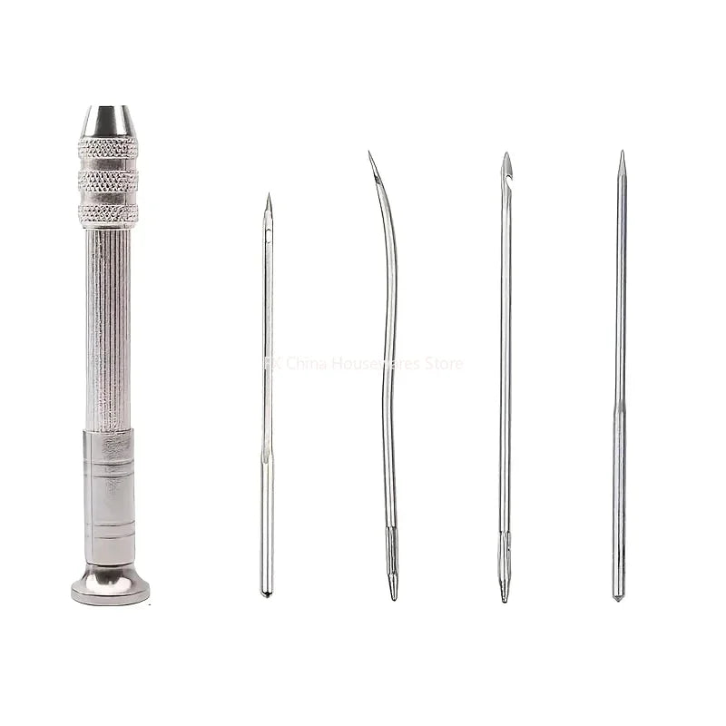 Leather Sewing Awl Kit - 4Pcs Replaceable Needles, DIY Shoe Repair & Canvas Tent Stitching Tool Silver Leather Sewing Awl Oasis Select