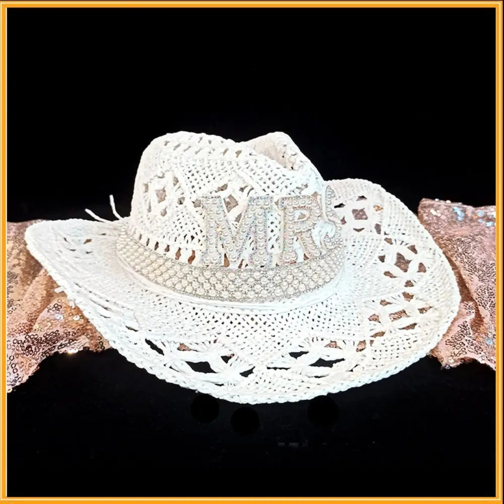 Rhinestone Letter Bride Groom Cowboy Hat Hollow Wide Brim Cowgirl Hat Crochet Western Cowboy Hat For Wedding Bachelorette Party Oasis Select