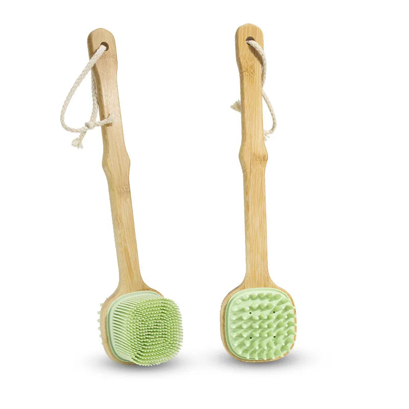 Soft Silicone Body Cleansing Brush Detachable Long Wooden Handle Design Bath Grooming Tool Gentle Exfoliating Accessory Oasis Select Green-1pc