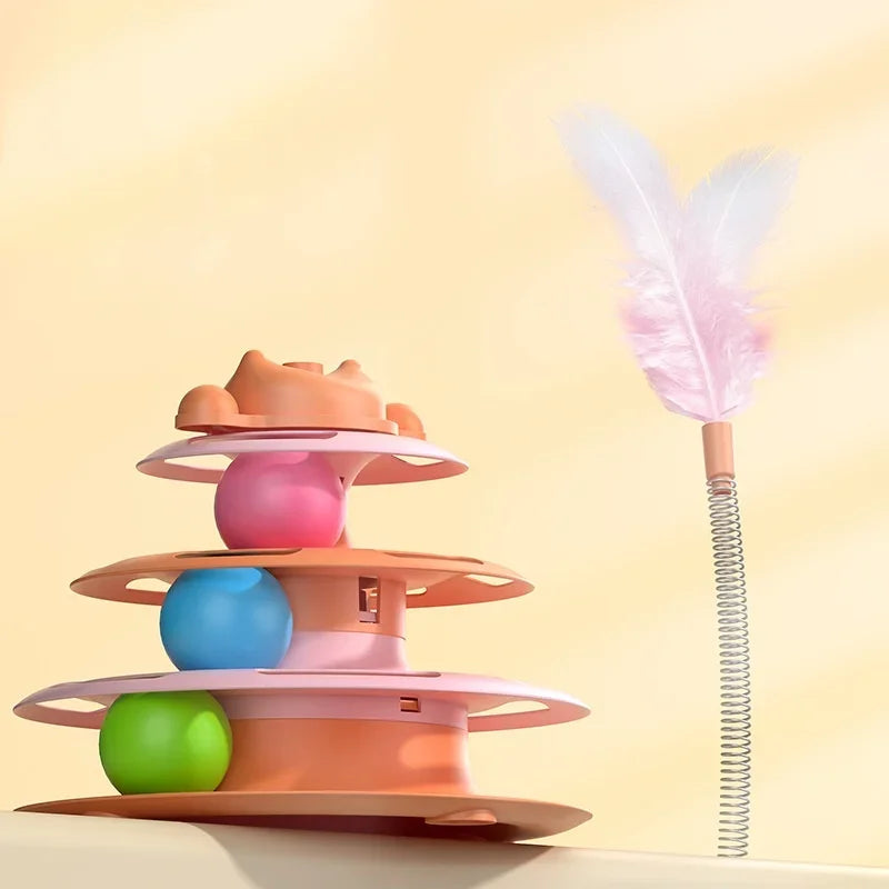 1pcs 4-Layer Feather Cat Turntable With Fun Toy Ball And Playing Stick - Interactive Toy For Cats Oasis Select