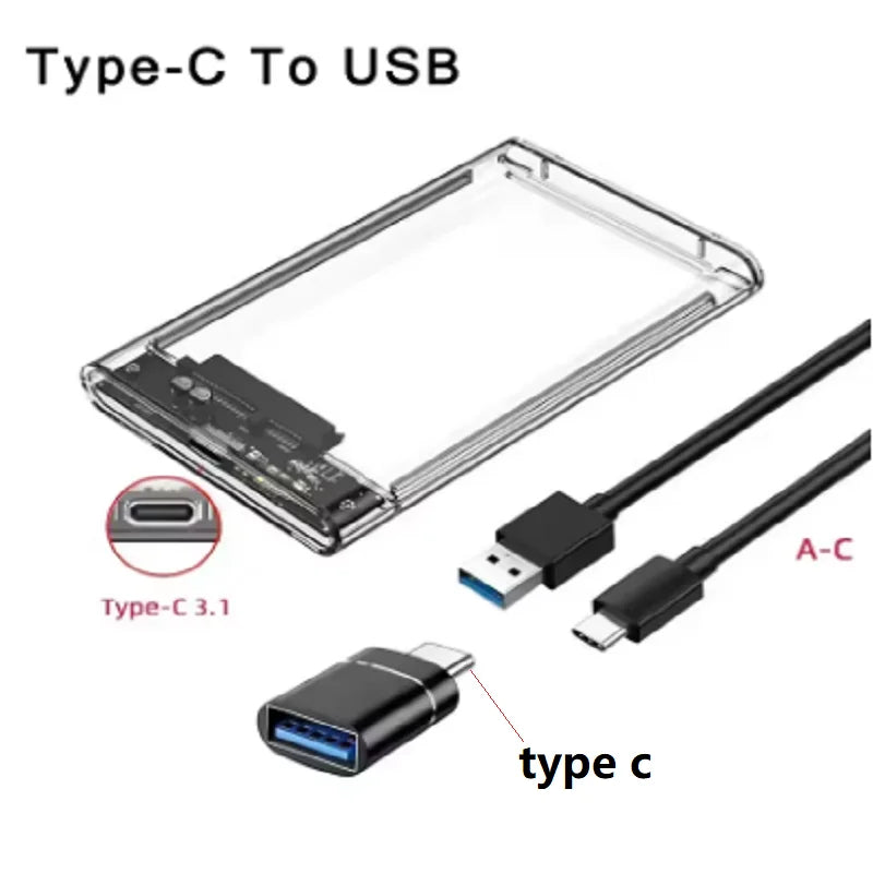 2.5 Inch Transparent HDD Case HDD Enclosure SSD SATA To USB 3.0 Type-C 3.1 Adapter Portable External Hard Drive Box Tool-Free Oasis Select USB C-USB A OTG