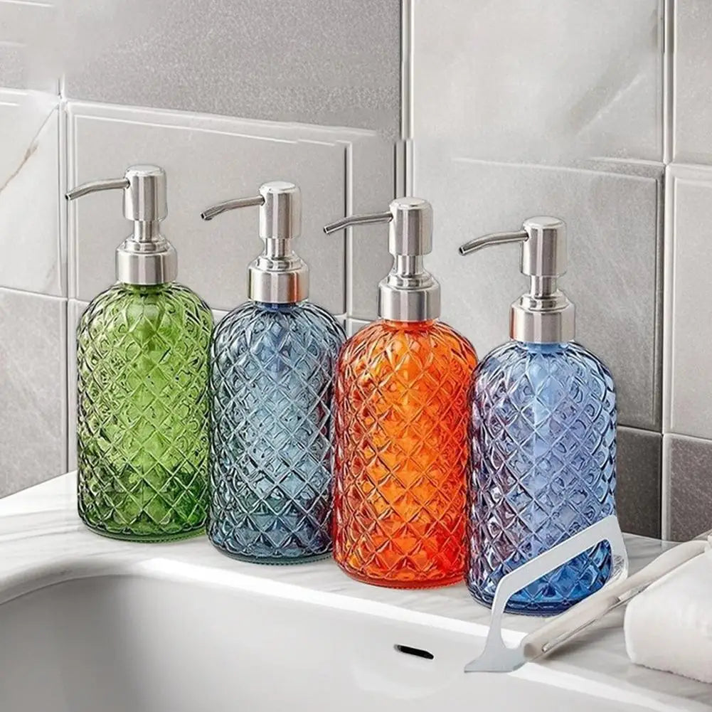 480ML Glass Soap Dispenser Rust Proof Stainless Steel Pump, Gem Patterned Refillable Hand Soap Dispenser for Kitchen Bathroom Oasis Select