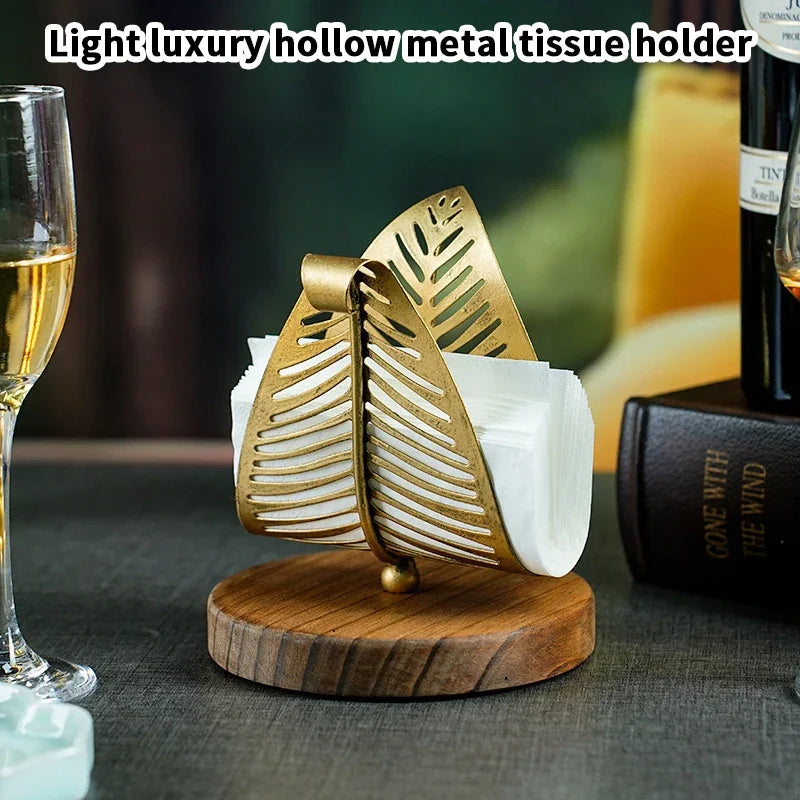Luxury Golden Leaf Paper Towel Rack Hollow Metal Light for Home Restaurant Hotel Desktop Storage Organizer Oasis Select