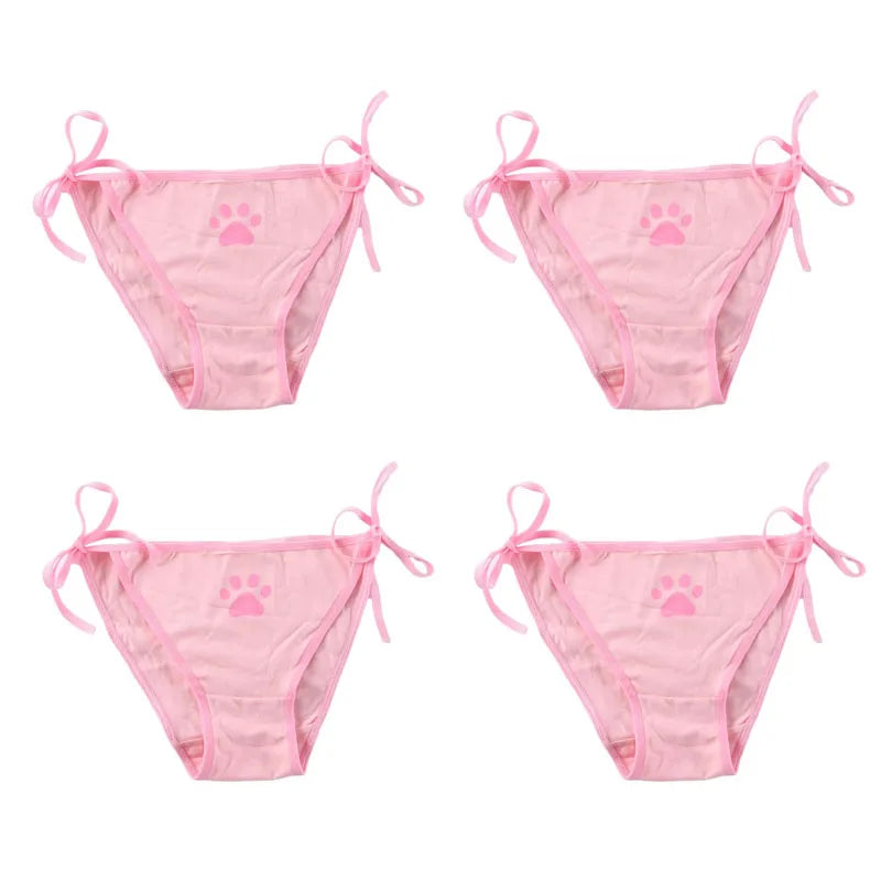 1/2/3/4pcs Women Sexy Sweet Cat Claw Briefs Low Waist Bowknot Bandage Lingerie Strings Strap Underwear Ladies Breathable Panties Oasis Select 4pcs pink One Size as show