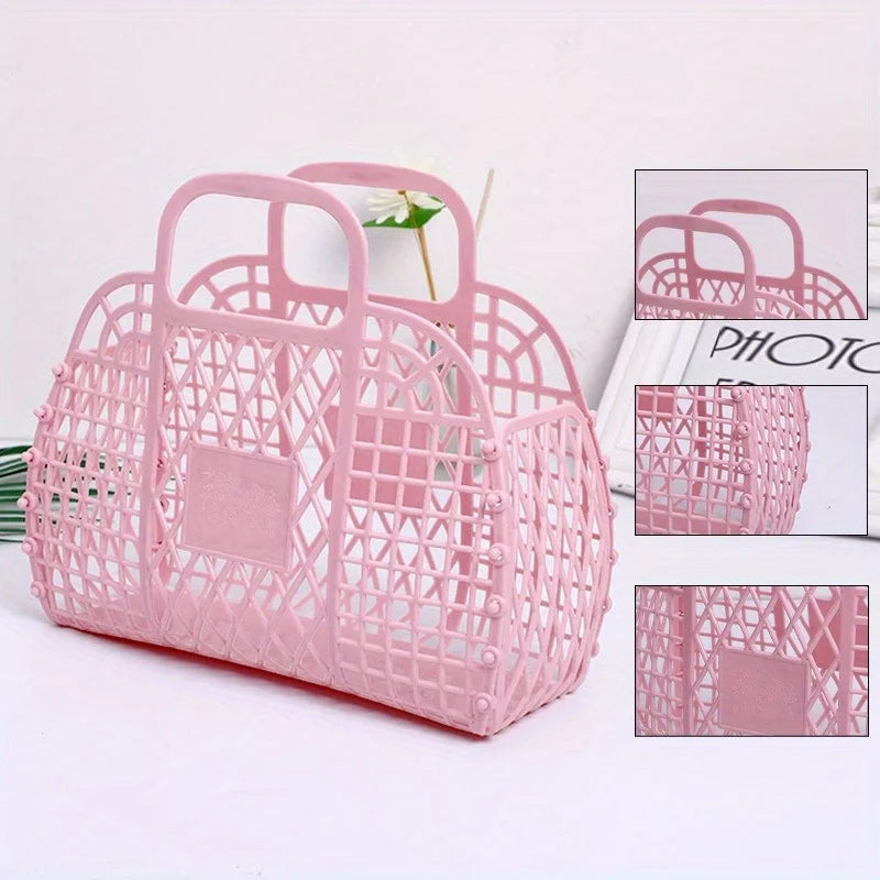 Collapsible Plastic Storage Basket Bag, Casual Open Travel Cosmetic Organizer with Dual Handles Design, Hand Wash Beach Bag Oasis Select