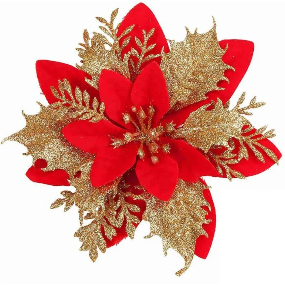 10-Pack Glitter Christmas Flower Ornaments 14cm | Pink Gold Red
