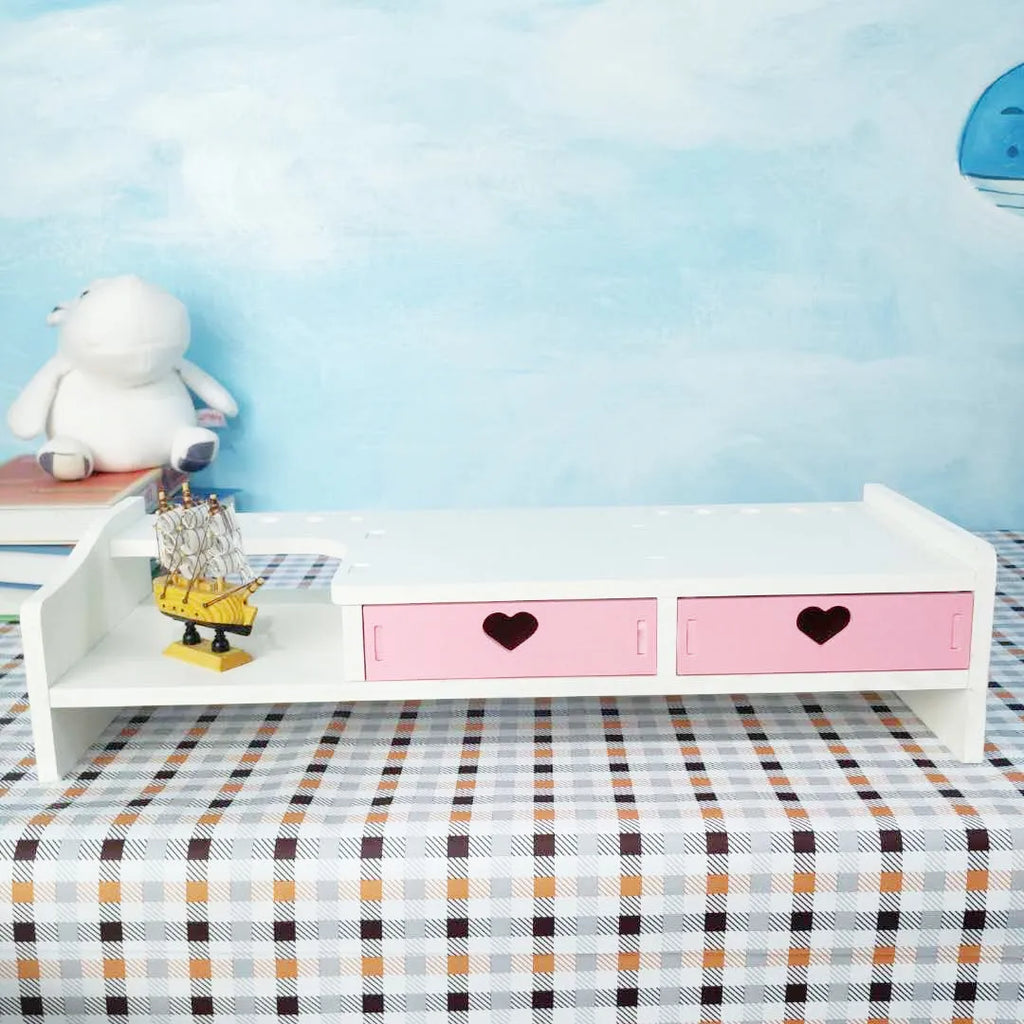 Monitor Stand with Drawer & Desk Storage Rack | White & Pink