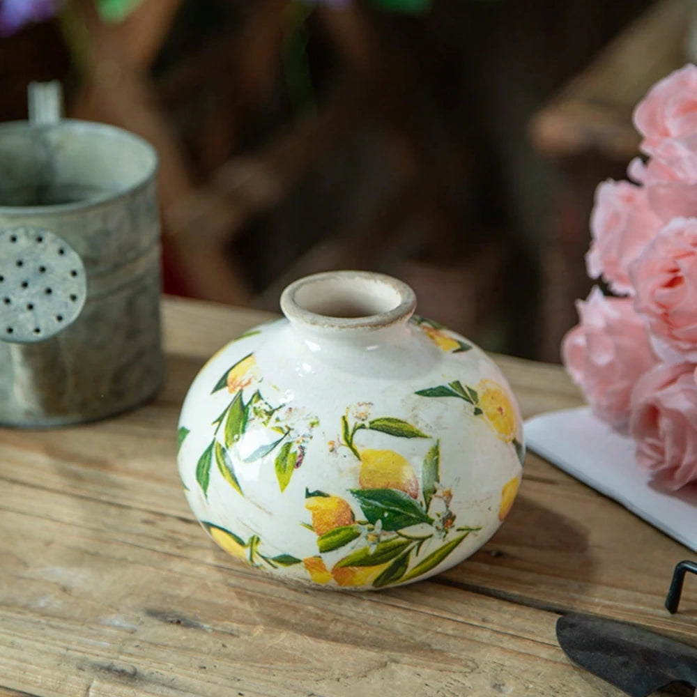 Lemon Print Mini Ceramic Vases Home Ornament Mini Cute Desktop Flower Vase Creativity Flower Arrangement Storage Home Decor Gift Oasis Select