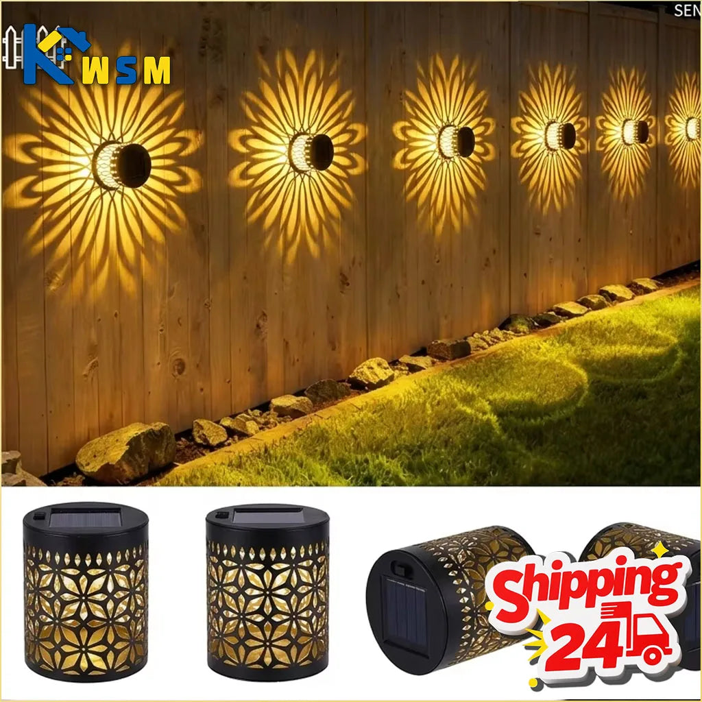 Solar Outdoor Wall Light Projector Waterproof Garden Lamp Patio Fence Decorative Hollow Lantern Lawn Yard Pathway Decor Lighting Oasis Select