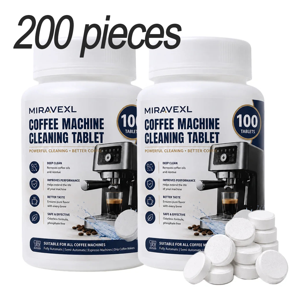 100 MIRAVEXL Coffee Machine Cleaning Tablets for Espresso & Drip Machines Deep Clean, Improve Taste, Fully Automatic, Safe Oasis Select 200 pieces