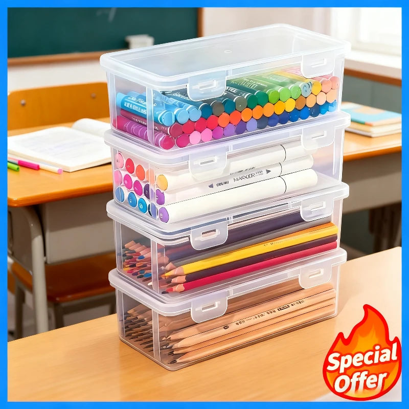 2/4pcs Large Capacity Office Transparent Plastic Storage Box, Portable Storage, Can Store Pencils, Colored Pens, Etc Oasis Select