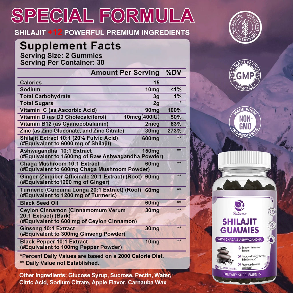 100% Himalaya Pure Shilajit Gummies 13 in 1 Original Mineral Health Supplement Non-GMO Brain Memory Cognitive Energy Health Oasis Select