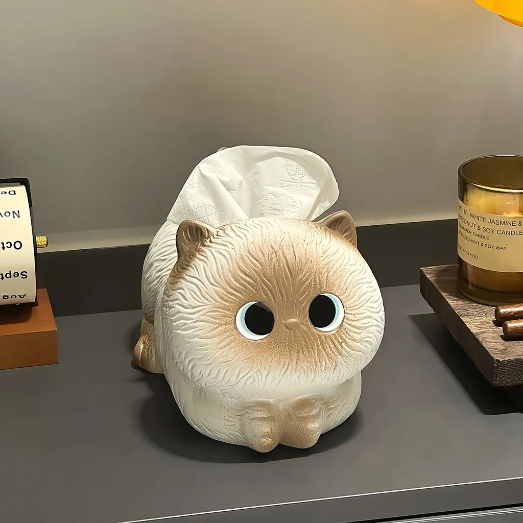 Cute Cat Ceramic Tissue Box Holder, Kawaii Cartoon Animal Napkin Dispenser, Creative Desktop Organizer for Home Office D Oasis Select