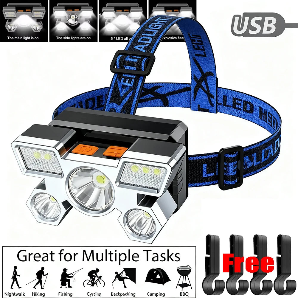 Ultra-bright Rechargeable Headlamp Portable 5 LED Headlight Head Torch Waterproof Working Light Outdoor Camping Fishing Cycling Oasis Select Blue-Clip