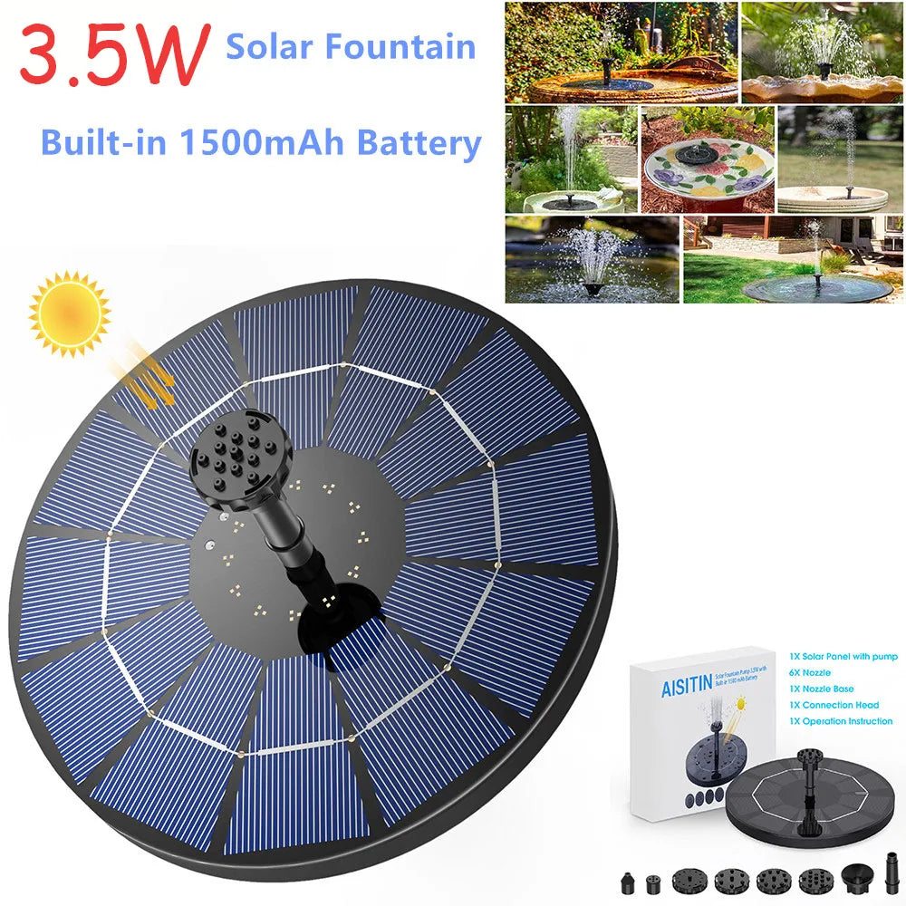 3.5W Solar Fountain Pump, Solar Water Pump Floating Fountain Built-in 1500mAh Battery, with 6 Nozzles, for Bird Bath Oasis Select