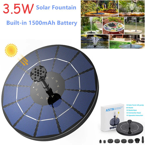 3.5W Solar Fountain Pump, Solar Water Pump Floating Fountain Built-in 1500mAh Battery, with 6 Nozzles, for Bird Bath Oasis Select