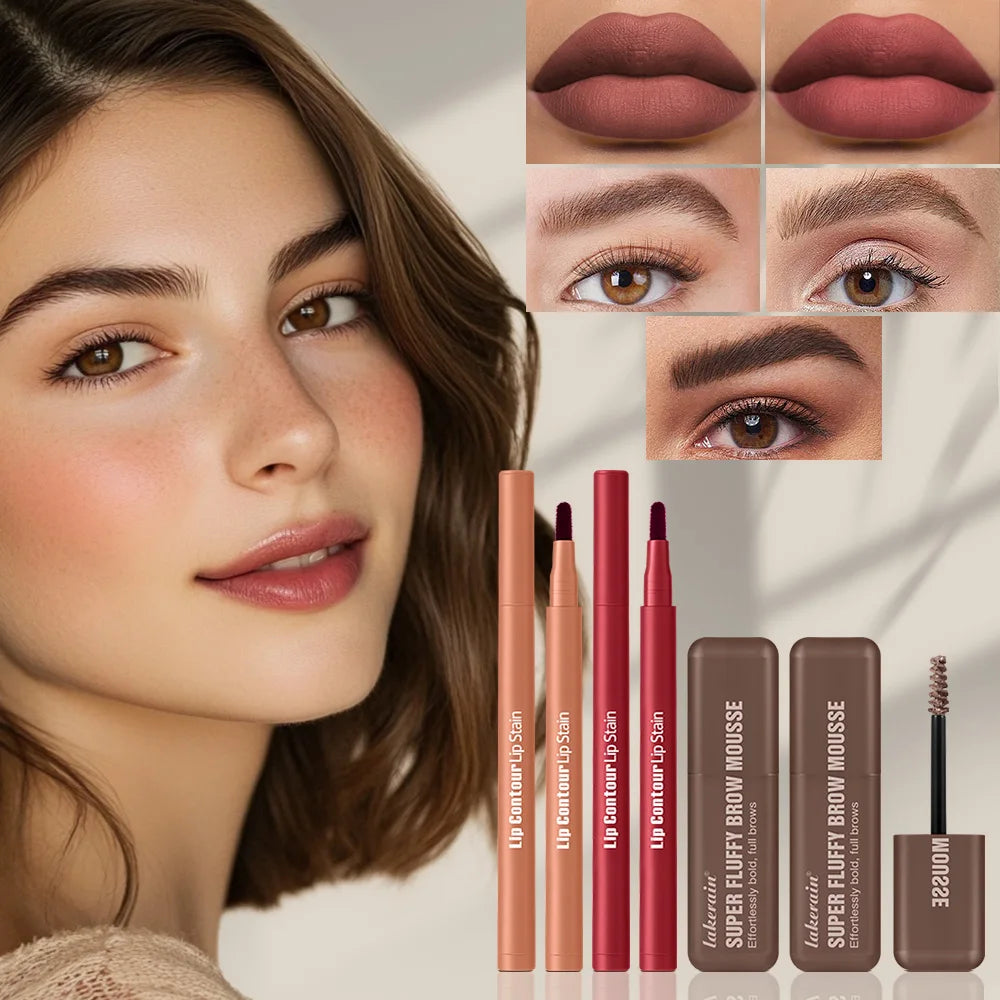 2pcs/set Matte Lip Liner And Waterproof Eyebrow Mousse Tint Long Lasting Eyebrow Dye Cosmetics Professional Outline Lips Contour Oasis Select