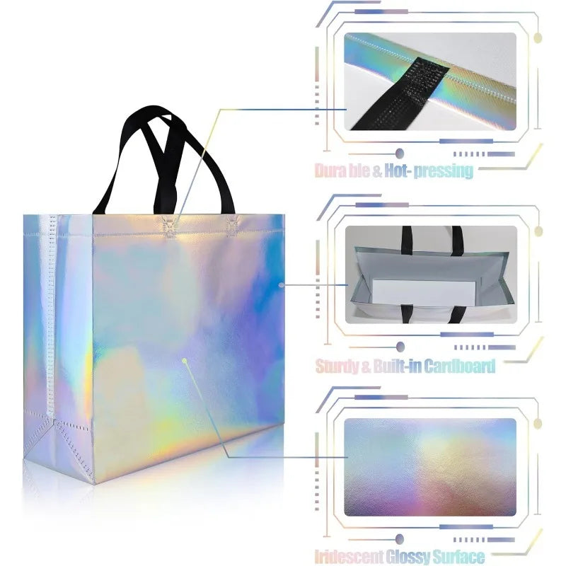 5/10/15 PCS Iridescent Gift Bags with Handles Glossy Shimmer Reusable Tote Stand Up Base for Wedding Birthday Party Favors Oasis Select