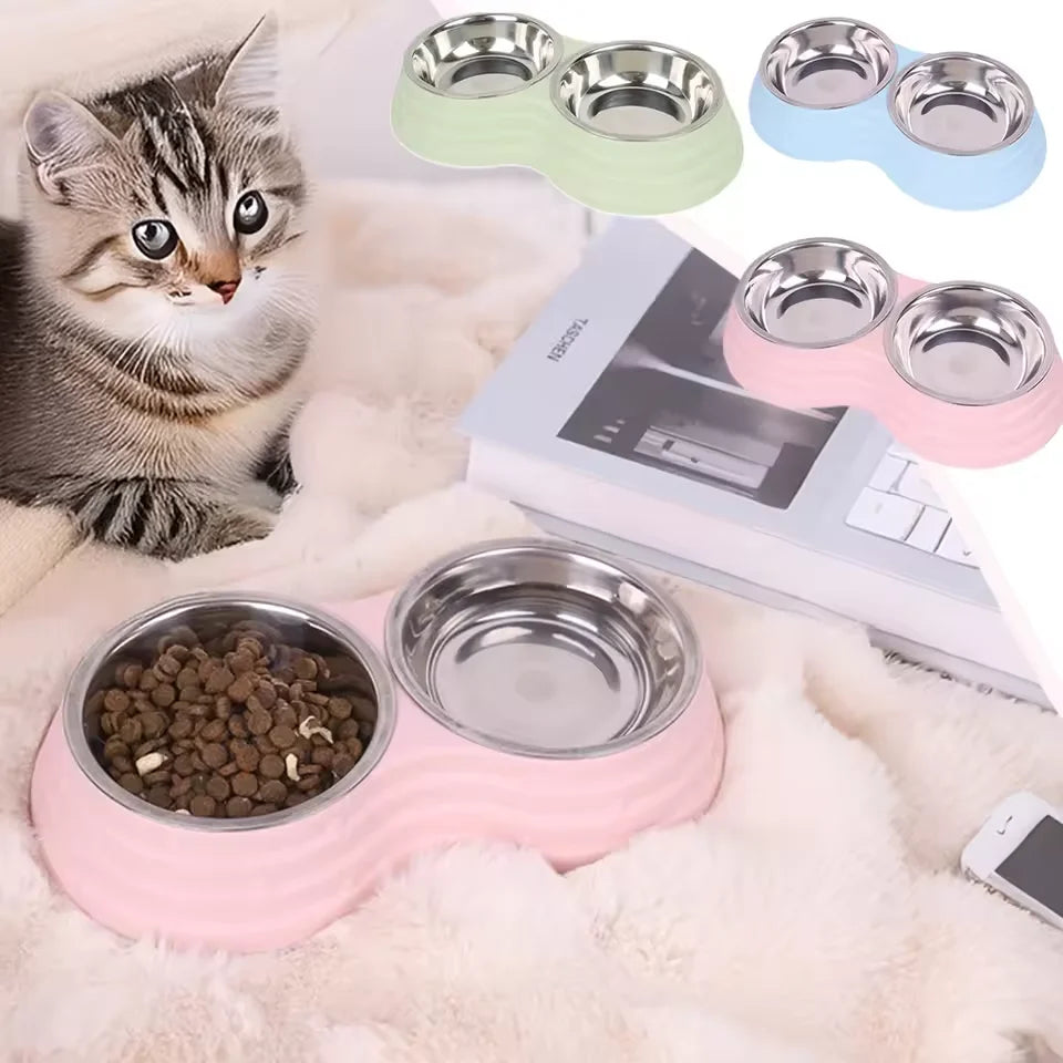 PP Material Pet Feeding Bowl Stainless Steel Large Capacity Dog and Cat Drinking Water and Eating Double Bowl Non-Slip Feeding Oasis Select
