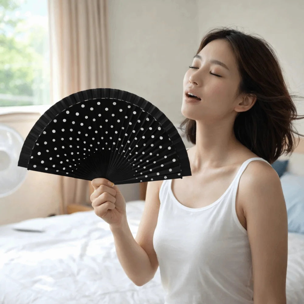 Flamenco Spanish Folding Fan – Dots Pattern Wood Handle 42cm