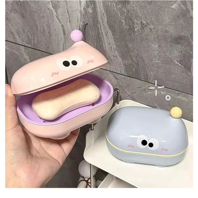 Flip-top Soap Box Big-eyed Cute Household Draining Soap Holder with Lid Cartoon Soap Box for Student Dormitorie Bathroom Storage Oasis Select