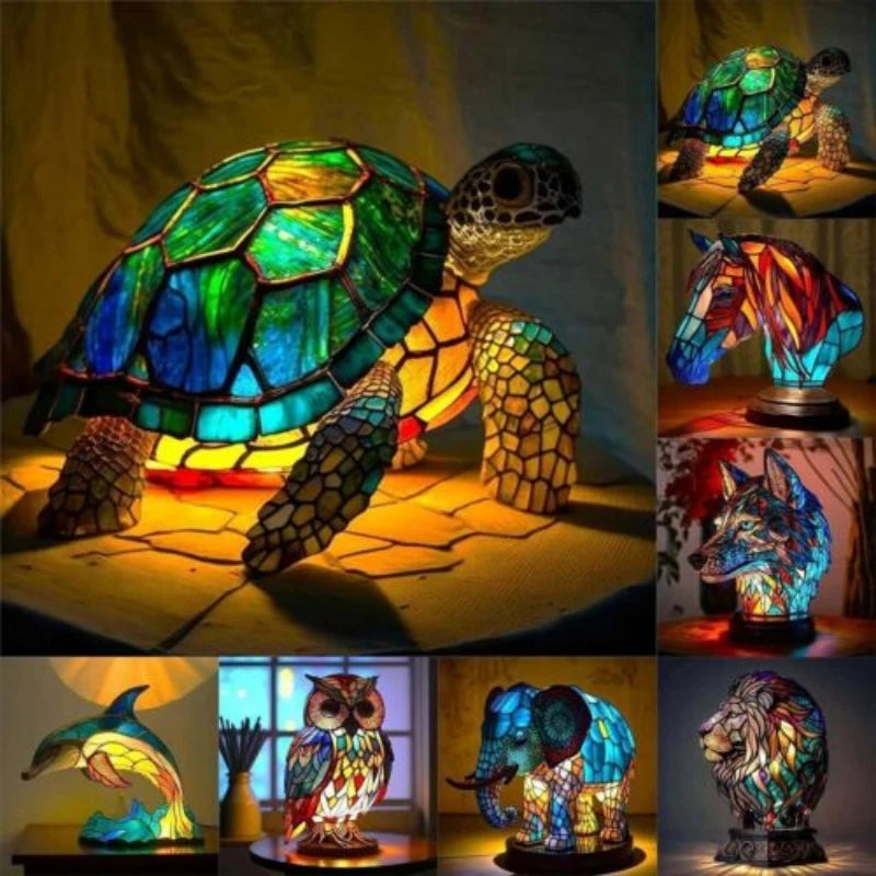 Resin Stained Glass Animal Table Light Night Light Owl Horse Rooster Elephant Table Lamp for Living Room Home Bedroom Decoration Oasis Select