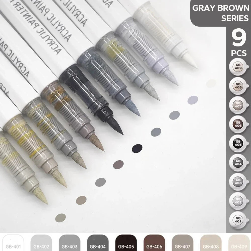 9pcs/set Acrylic Brush Markers Set -Pro Art Markers with Ink Control for Painting Drawing Sketching Art Supplies Highlighter Pen Oasis Select Gray Brown Series