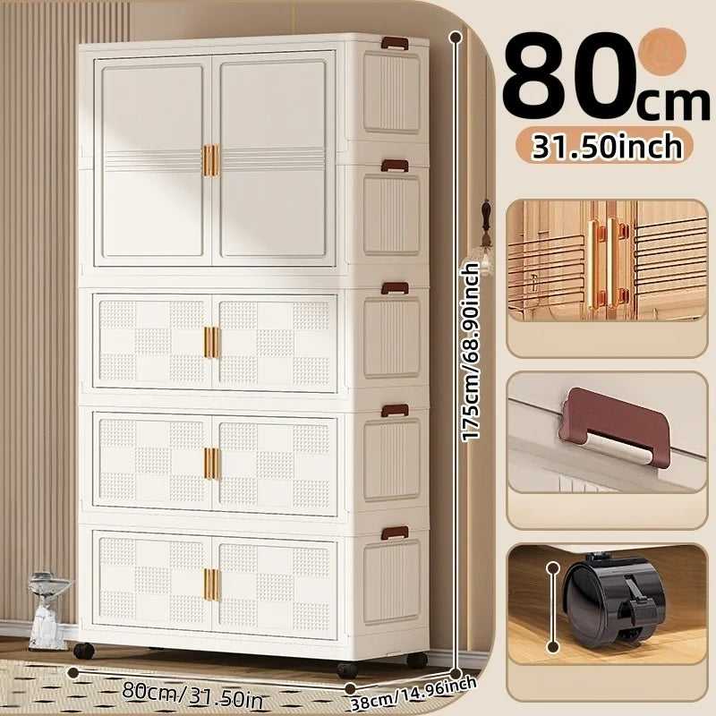 COIZYZZL 31.5 Inch Foldable Storage Wardrobe, 2-6 Tier Multi-Combos with Rolling Wheels, Large Capacity for Living Room/Bedroom Oasis Select White 1Large 3Small