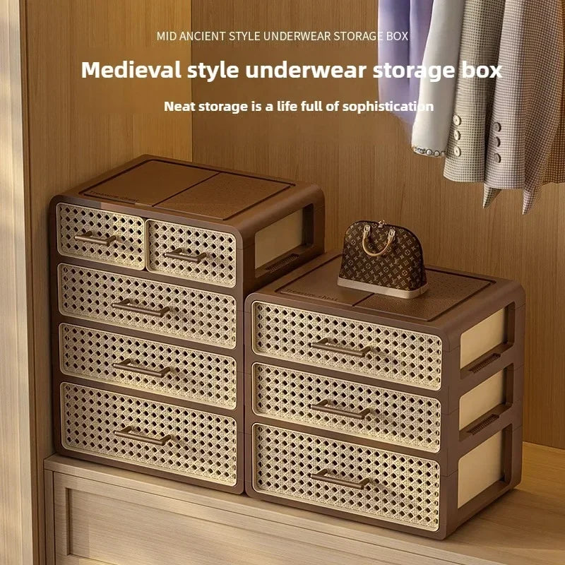 Home bedroom underwear storage box, home drawer style grid sorting wardrobe, antique style plastic rattan dust-proof storage box Oasis Select