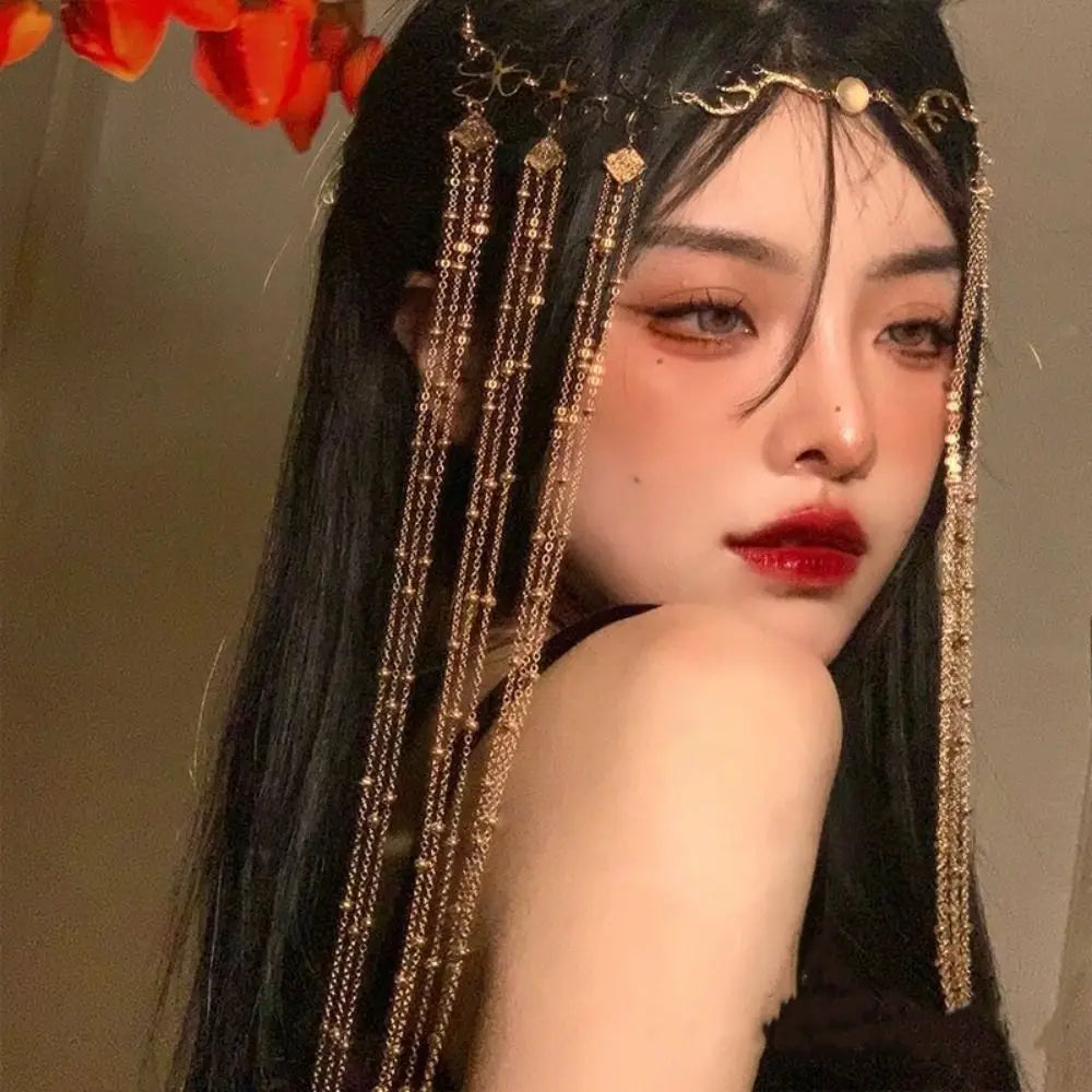 Women Accessory Crystal Water Drop Tassel Head Chain Long Tassel Golden Eyebrow Center Pendant Vintage Forehead Ornament Wedding Oasis Select