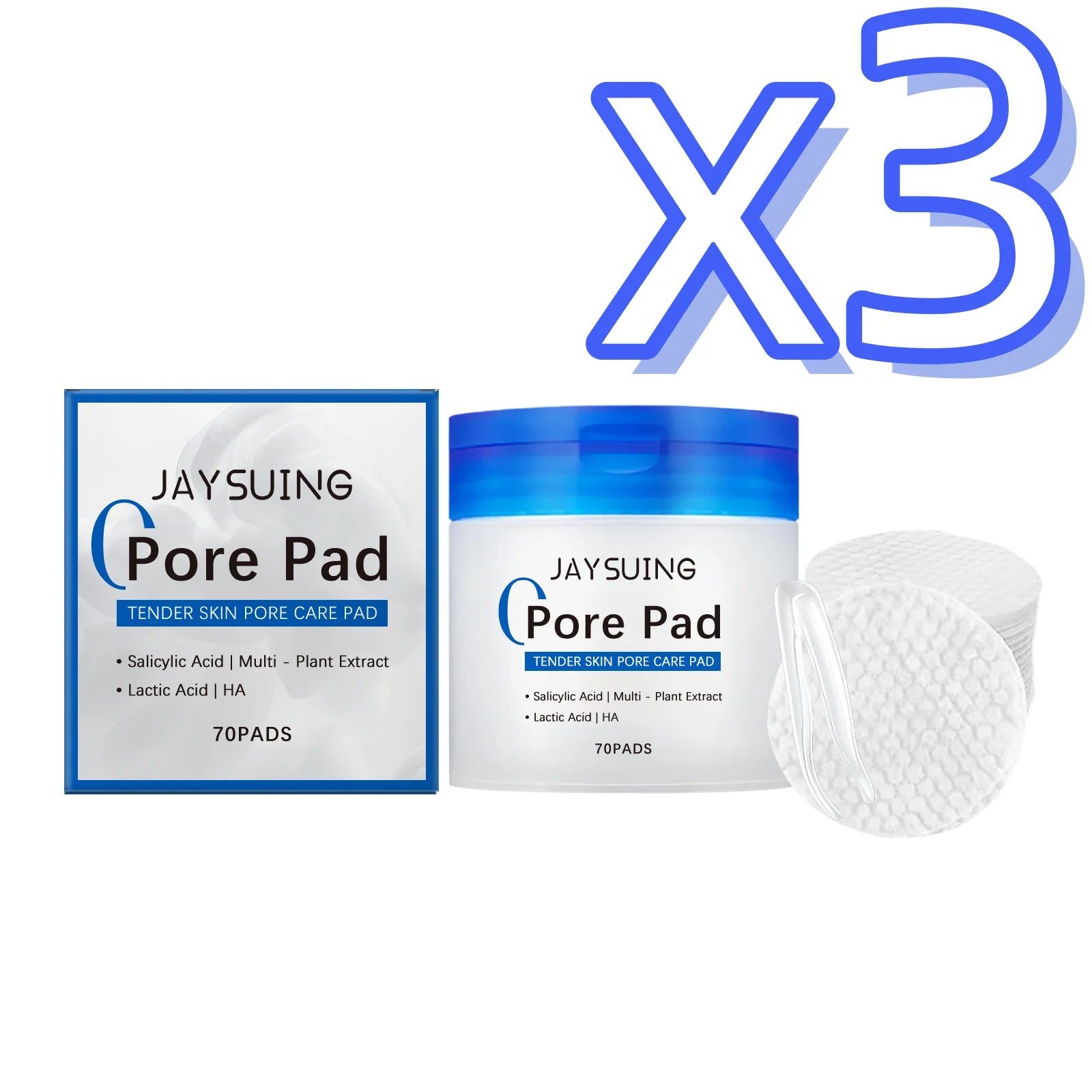 Jaysuing Hyaluronic Acid Exfoliating Cotton Pads 70pcs | Acne Exfoliating Face Pads Oasis Select 70pcs Boxed X 3PCS
