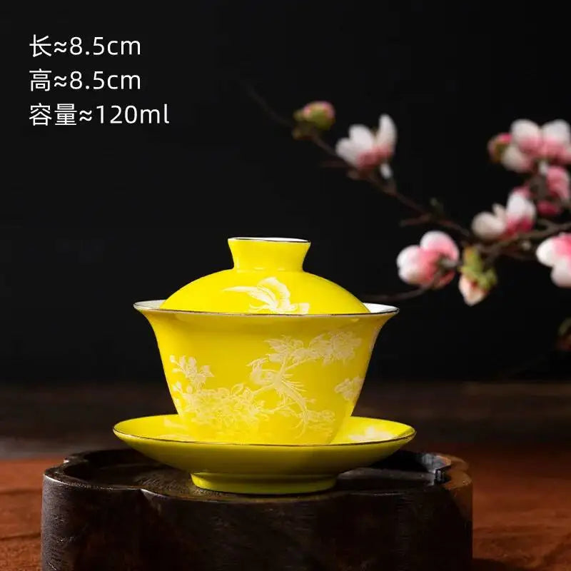 120ml Ceramic Small Mini Tea Cup Three Talents Tea Bowl Household Teacup Oasis Select the Bowl in Yellow
