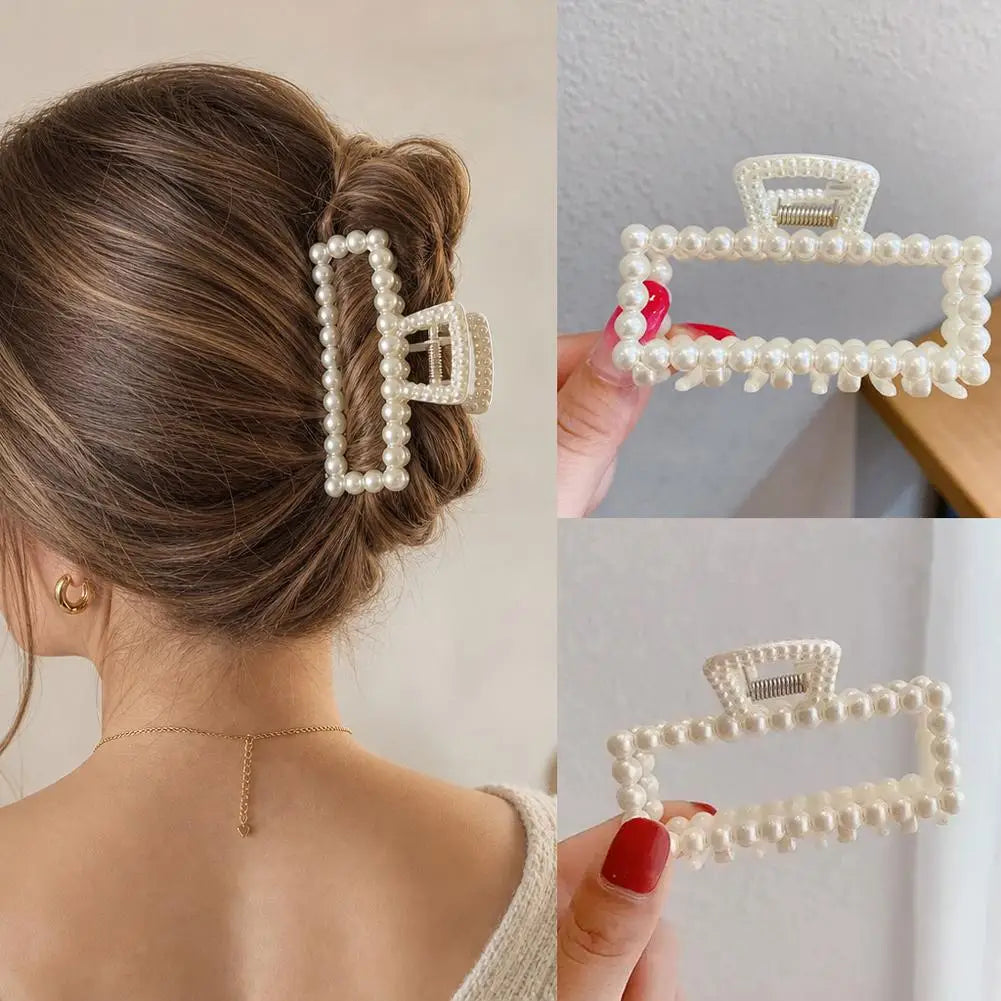 Fashion Square Pearl Claw Clip Elegant Hair Accessory Geometric Hairpin for Women Girls Daily Hair Styling Clips Oasis Select