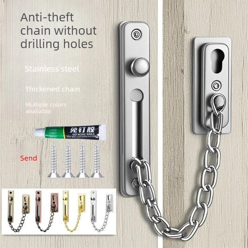 No Drill Stainless Steel Security Door Chain Push Button Lock Latch Anti-Theft Door Guard for Home Hotel Use Oasis Select