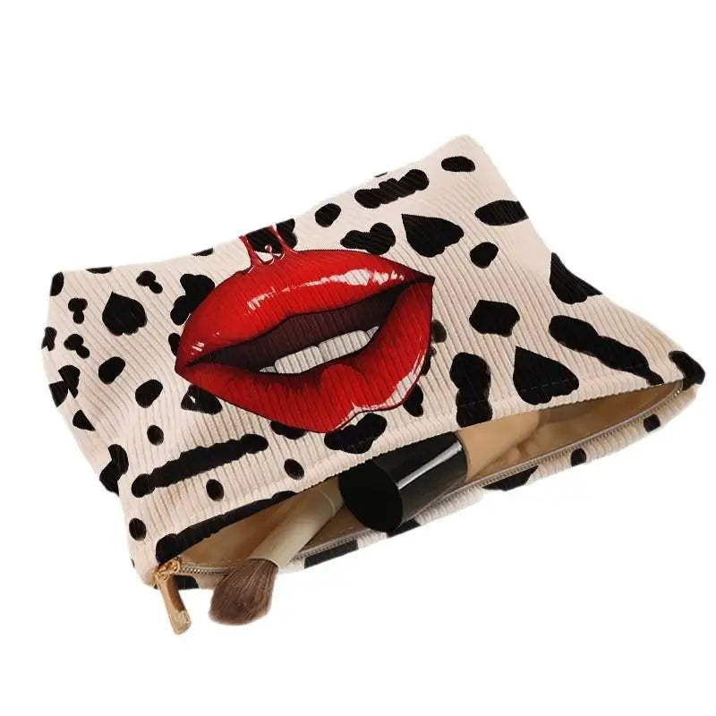 Corduroy Makeup Bag Lip Print & Zipper | Cosmetic Clutch Cosmetic Makeup Bag Oasis Select