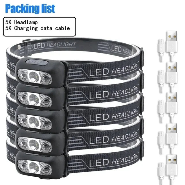 Mini Rechargeable Sensor Headlamp Waterproof Work Light Built-in Battery USB Rechargeable Head Flashlight Camping Search Light Oasis Select Packing A 5PCS