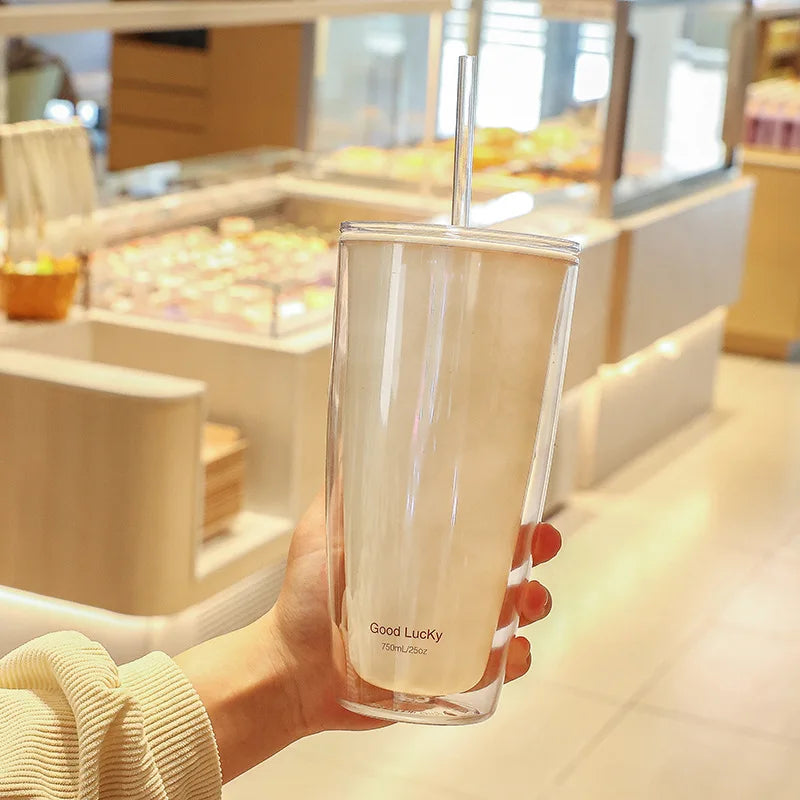 750ml Plastic Straw Cups Double-Layer with Straw Large Capacity Reusable Water Bottle for Drinking Coffee Mug Juice Milk Cup Oasis Select White 750ml