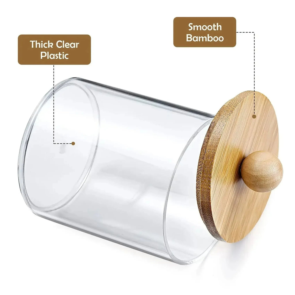 3 Pack Cotton Swab Organizer with Bamboo Lids - 10 oz Clear Plastic Apothecary Jar Containers for Vanity Makeup Organizer Oasis Select