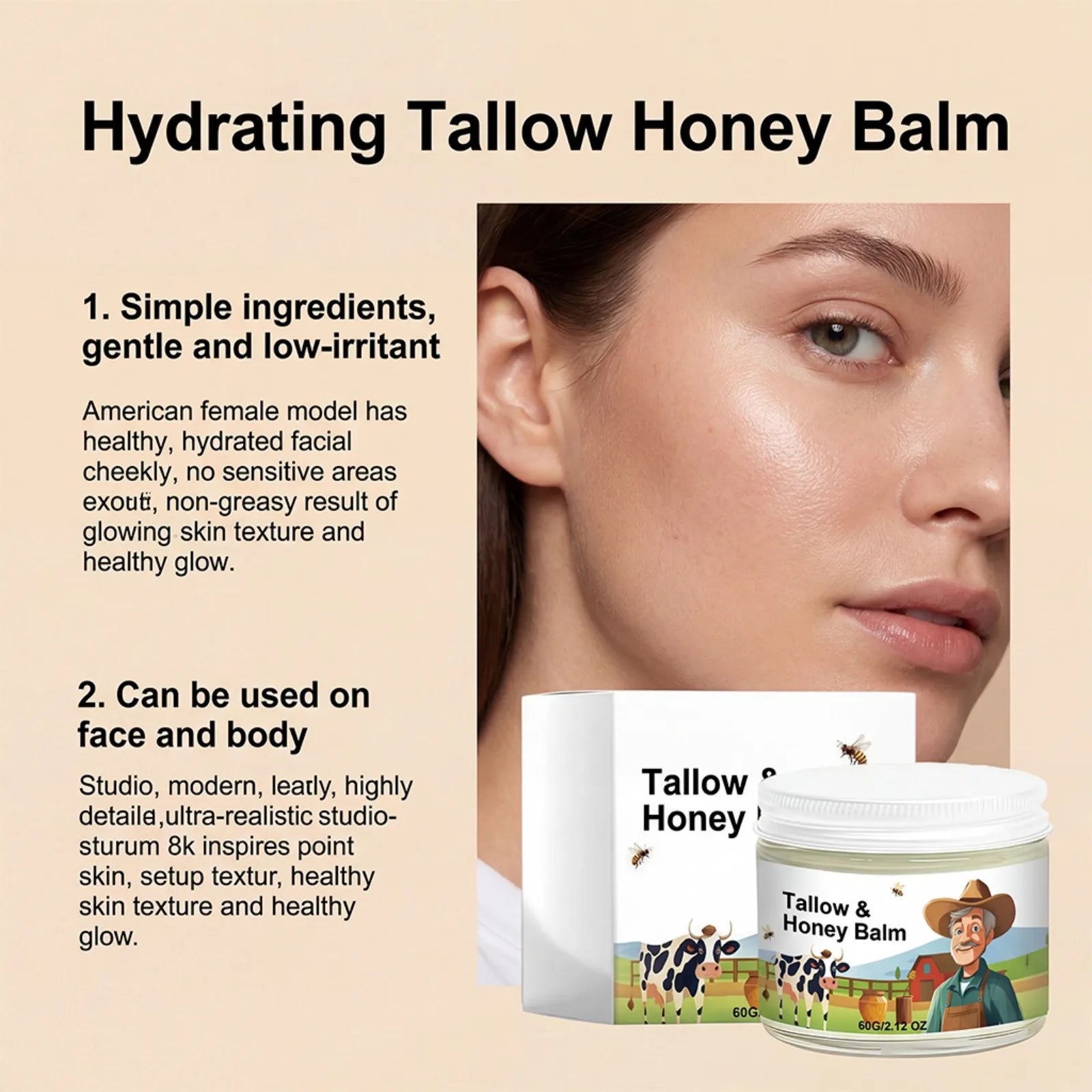 Beef Tallow Balm Grass Fed Raw Honey Moisturizing Cream Soft Smooth Skin Handmade Face & Body Moisturizer Dry Skin Nourishing Oasis Select