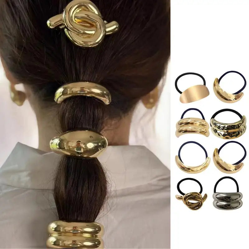 Metal Hair Ties 4X Geometric Elastic Hair Ropes Fashion Gold Hair Cuff Wrap Decorative Hair Bands Ponytail Holders for Women Oasis Select