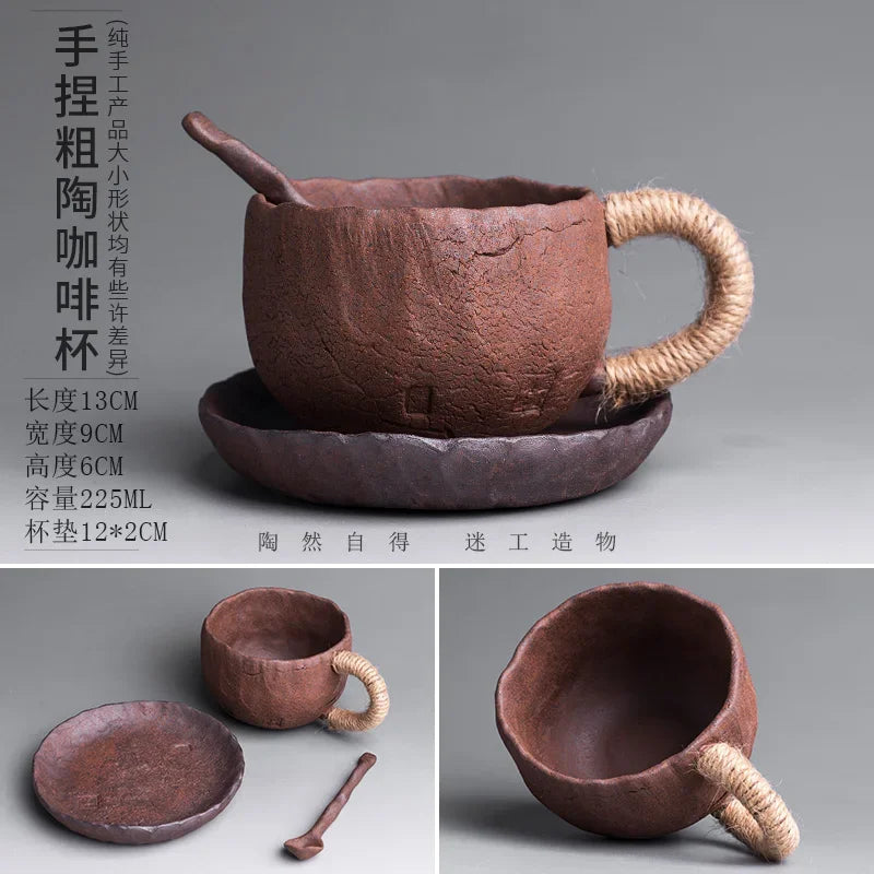 Handmade thick ceramic mug with lid spoon creative tie rope ceramic large capacity Japanese coffee cup cups Oasis Select 7 301-400ml
