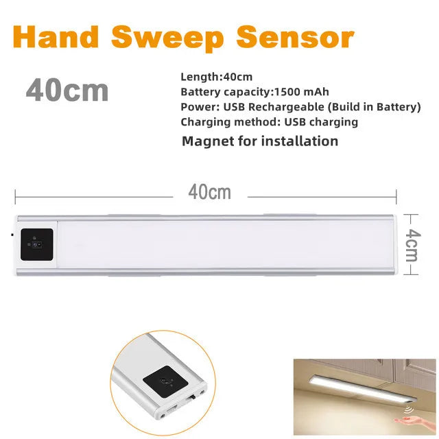 USB Rechargeable Bar Light Hand Sweep Sensor/PIR Motion Induction Kitchen Stair Hallway Night Lighting 20cm/40cm Magnetic Mount Oasis Select Warm White 40cm Hand Sweep