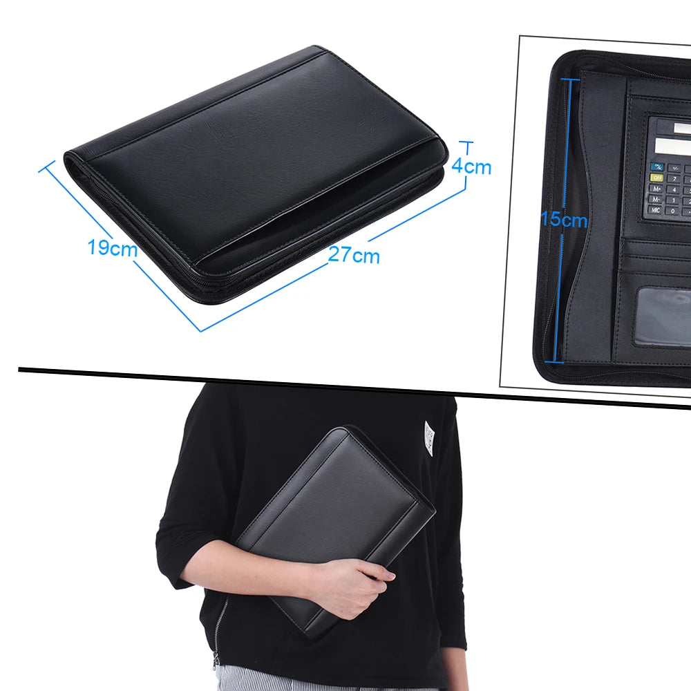 Portable Professional Business Portfolio Folder Document Case Organizer A5 PU Leather Zippered Closure with Calculator Holder Oasis Select