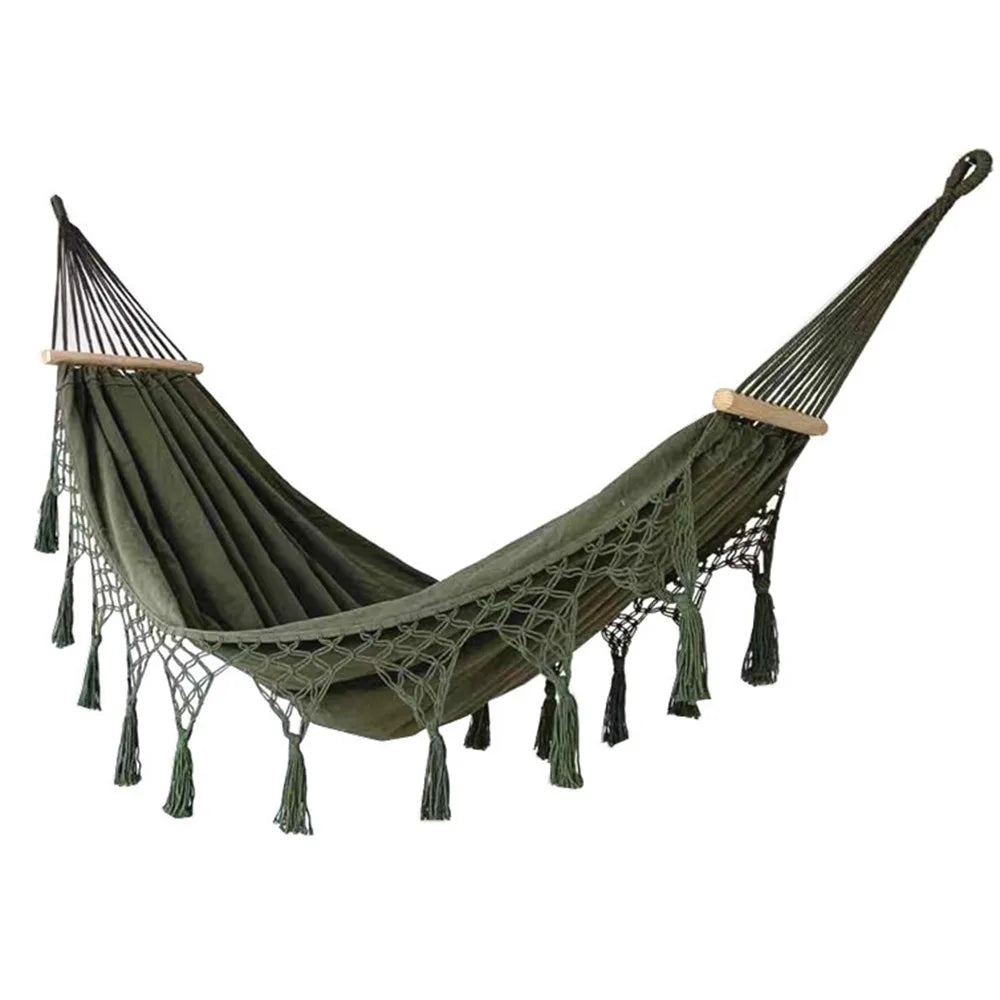 Large Double Deluxe Hammock Boho Style with Woven Tassels 2 Person Hammock Thickened Hanging Bed Canvas Swing Chair Bedroom Oasis Select 200x150cm-Green-rod